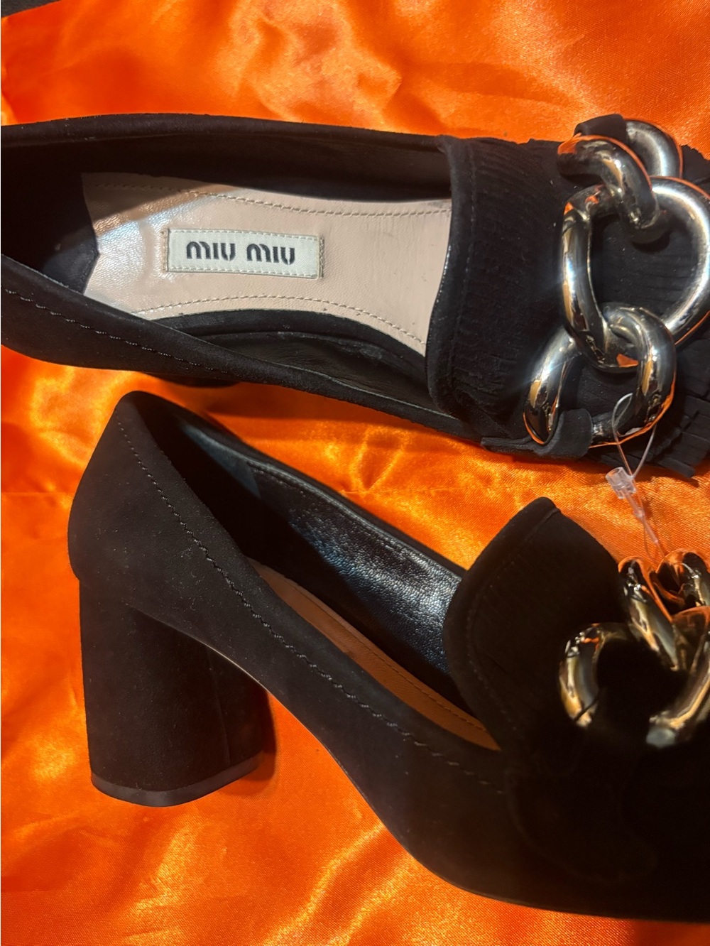 Miu Miu Black Suede Block Heel Loafers with Gold Chain